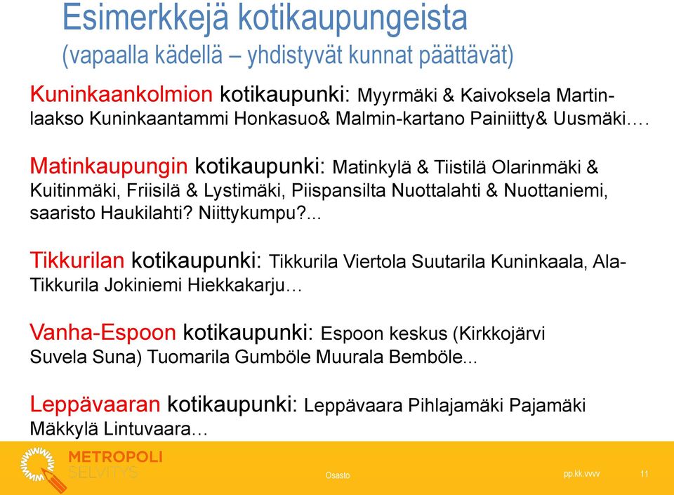 Matinkaupungin kotikaupunki: Matinkylä & Tiistilä Olarinmäki & Kuitinmäki, Friisilä & Lystimäki, Piispansilta Nuottalahti & Nuottaniemi, saaristo Haukilahti?