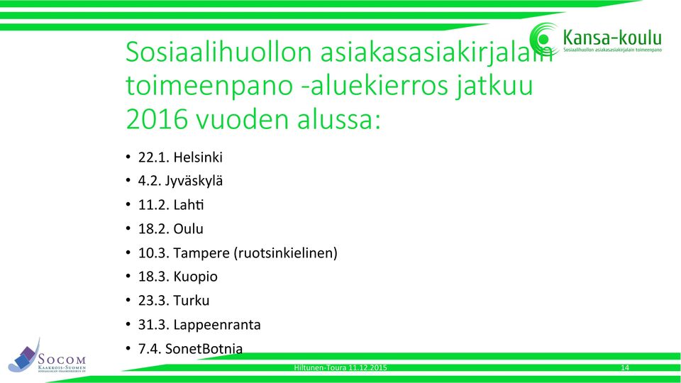 2. Oulu 10.3. Tampere (ruotsinkielinen) 18.3. Kuopio 23.3. Turku 31.