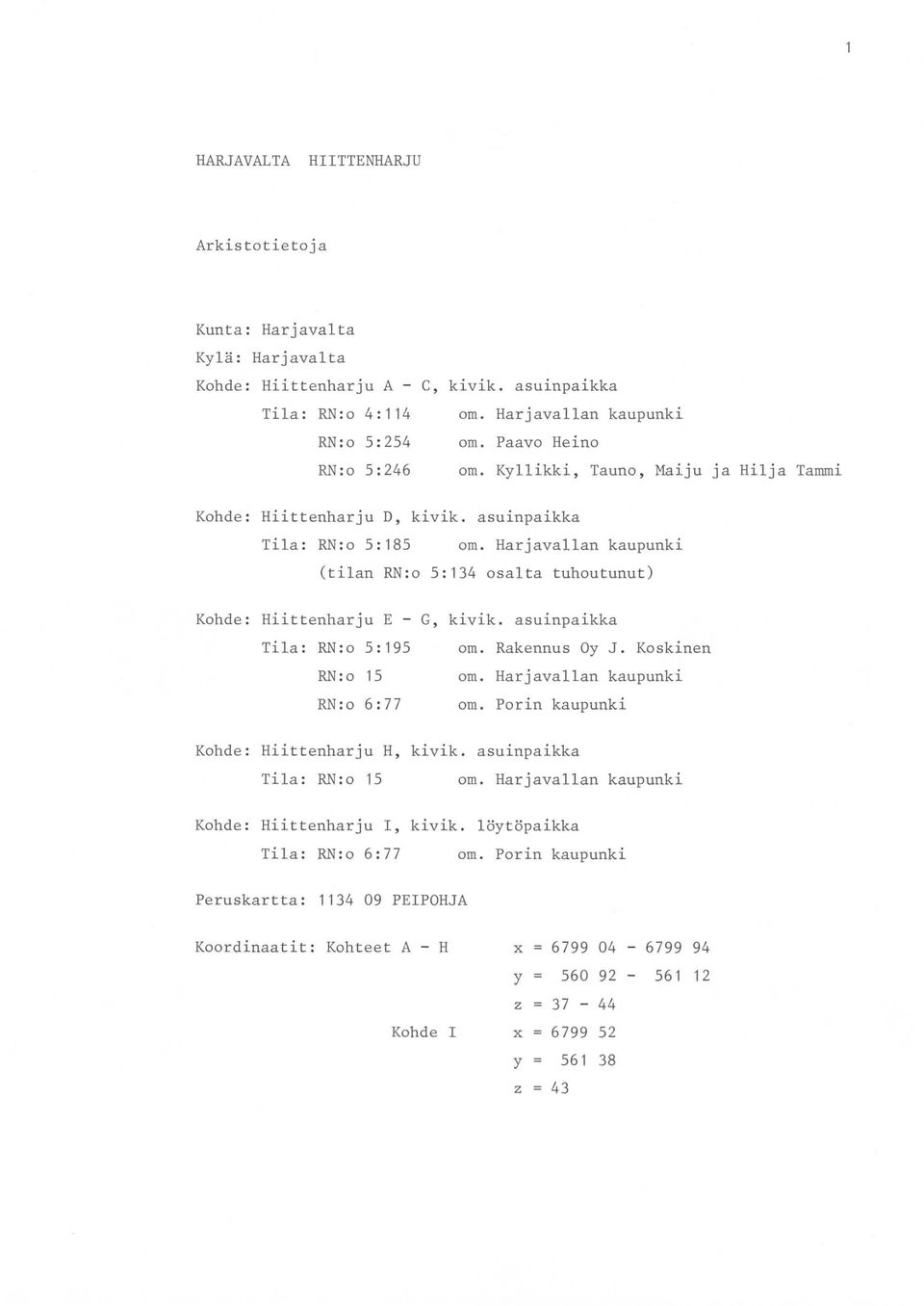 Harjavallan kaupunki (tilan RN:o 5 : 134 osalta tuhoutunut) Kohde : Hiittenharju E - G, kivik. asuinpaikka Tila: RN:o 5 : 195 om. Rakennus Oy J. Koskinen RN:o 15 om.