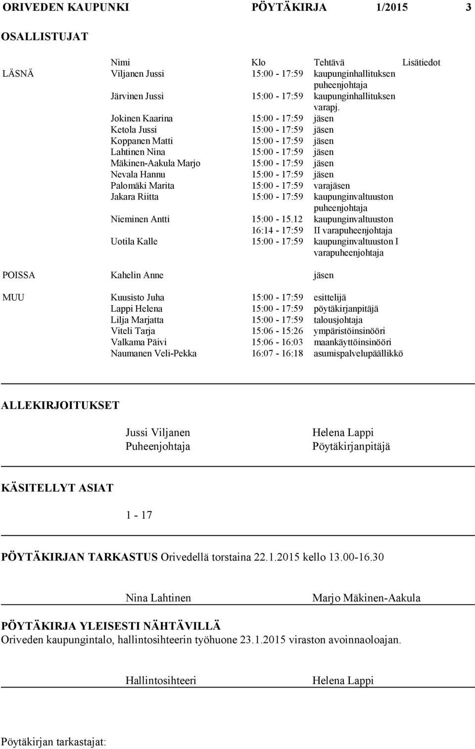 Jokinen Kaarina 15:00-17:59 jäsen Ketola Jussi 15:00-17:59 jäsen Koppanen Matti 15:00-17:59 jäsen Lahtinen Nina 15:00-17:59 jäsen Mäkinen-Aakula Marjo 15:00-17:59 jäsen Nevala Hannu 15:00-17:59 jäsen