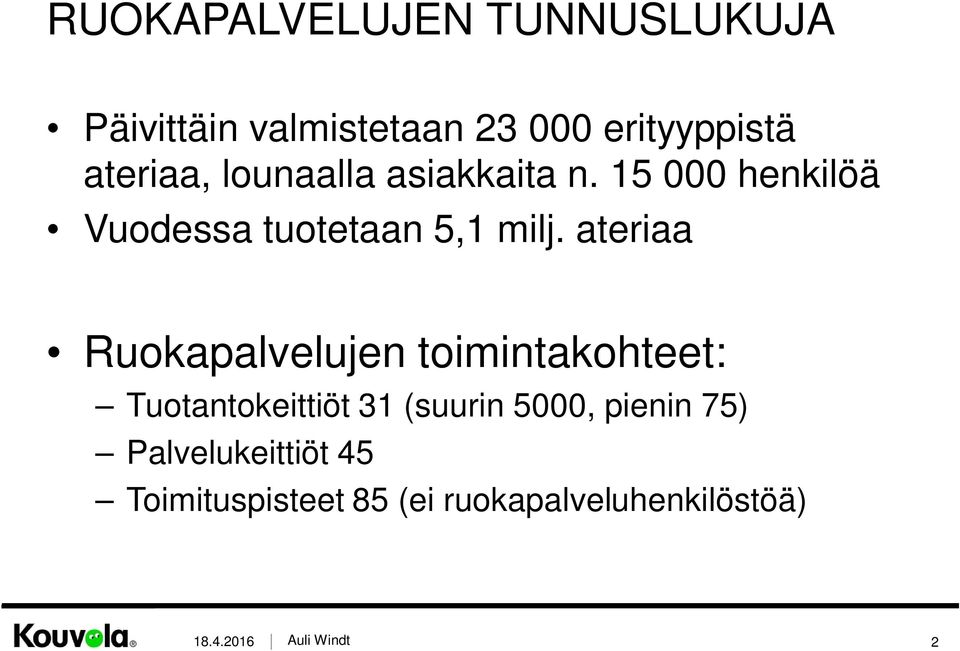 ateriaa Ruokapalvelujen toimintakohteet: Tuotantokeittiöt 31 (suurin 5000,