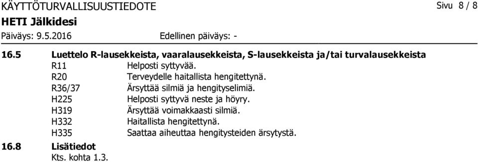 R20 Terveydelle haitallista hengitettynä. R36/37 Ärsyttää silmiä ja hengityselimiä.