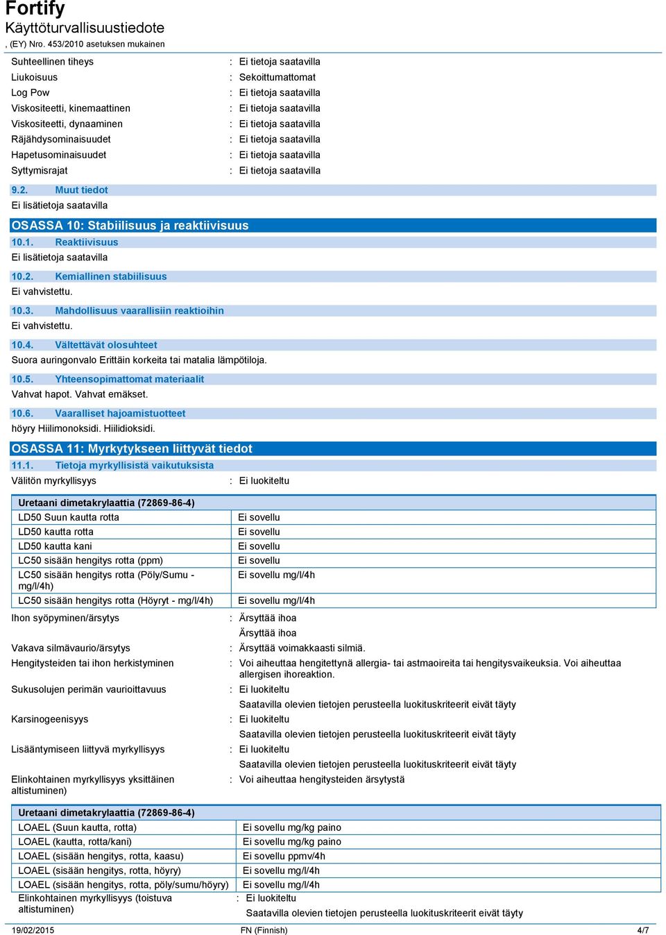Vältettävät olosuhteet Suora auringonvalo Erittäin korkeita tai matalia lämpötiloja. 10.5. Yhteensopimattomat materiaalit Vahvat hapot. Vahvat emäkset. 10.6.