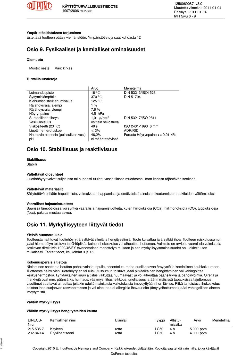 Kiehumispiste/kiehumisalue 125 C Räjähdysraja, alempi 1 % Räjähdysraja, ylempi 7,6 % Höyrynpaine 4,5 hpa Suhteellinen tiheys 1,01 g/cm 3 DIN 53217/ISO 2811 Vesiliukoisuus osittain sekoittuva