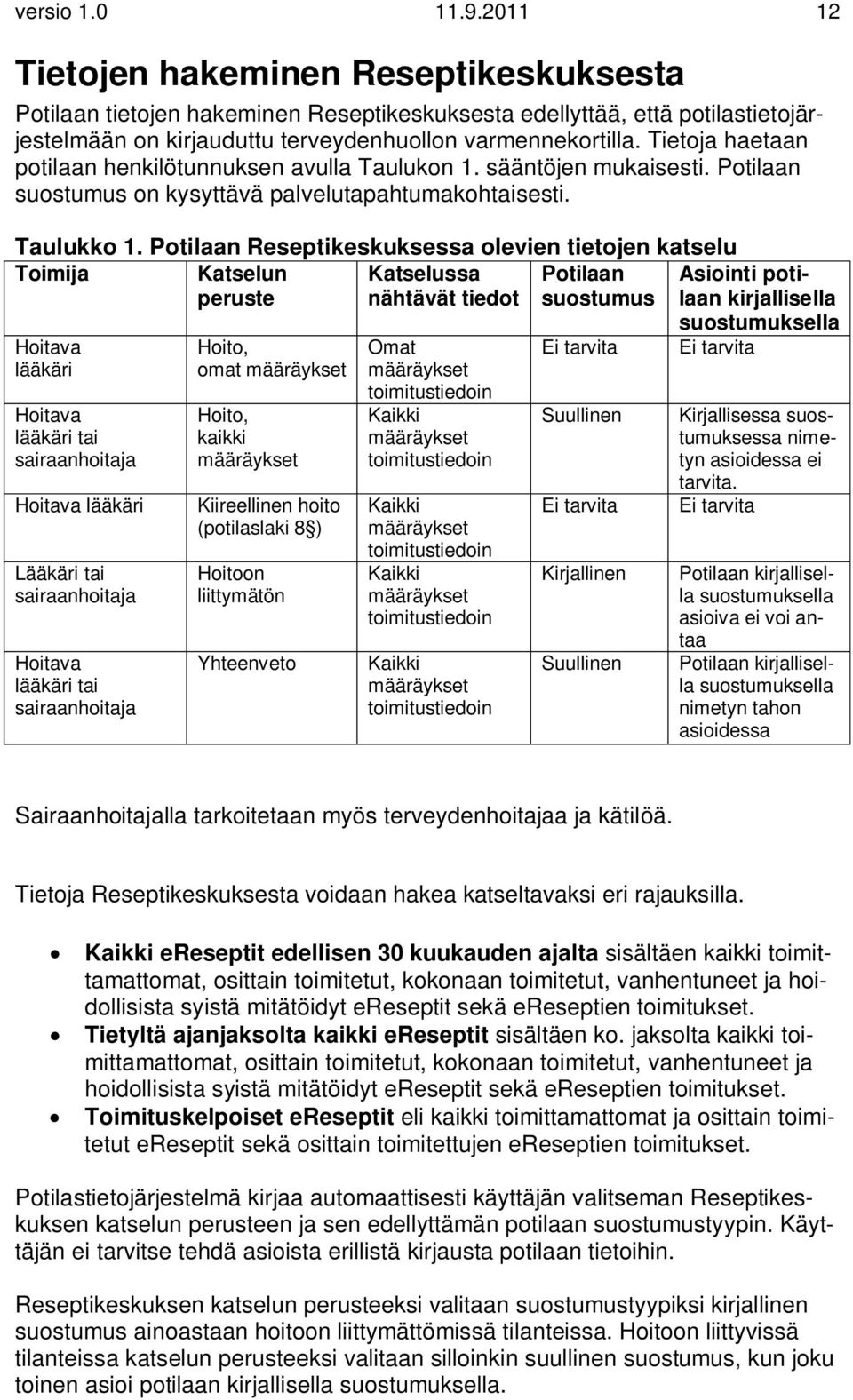 Tietoja haetaan potilaan henkilötunnuksen avulla Taulukon 1. sääntöjen mukaisesti. Potilaan suostumus on kysyttävä palvelutapahtumakohtaisesti. Taulukko 1.