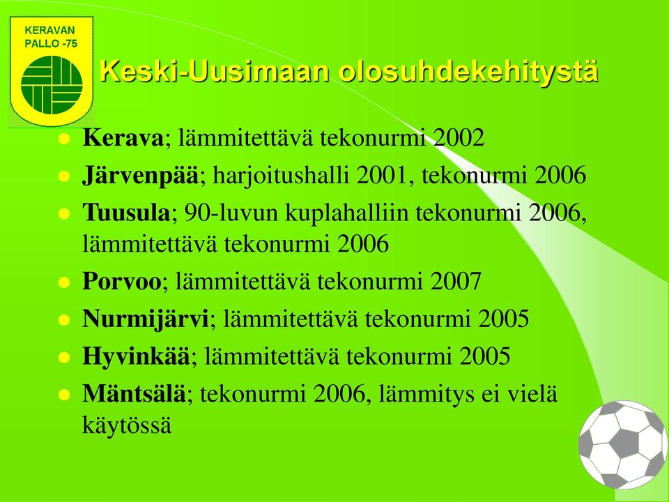 lämmitettävä tekonurmi 2006 Porvoo; lämmitettävä tekonurmi 2007 Nurmijärvi; lämmitettävä