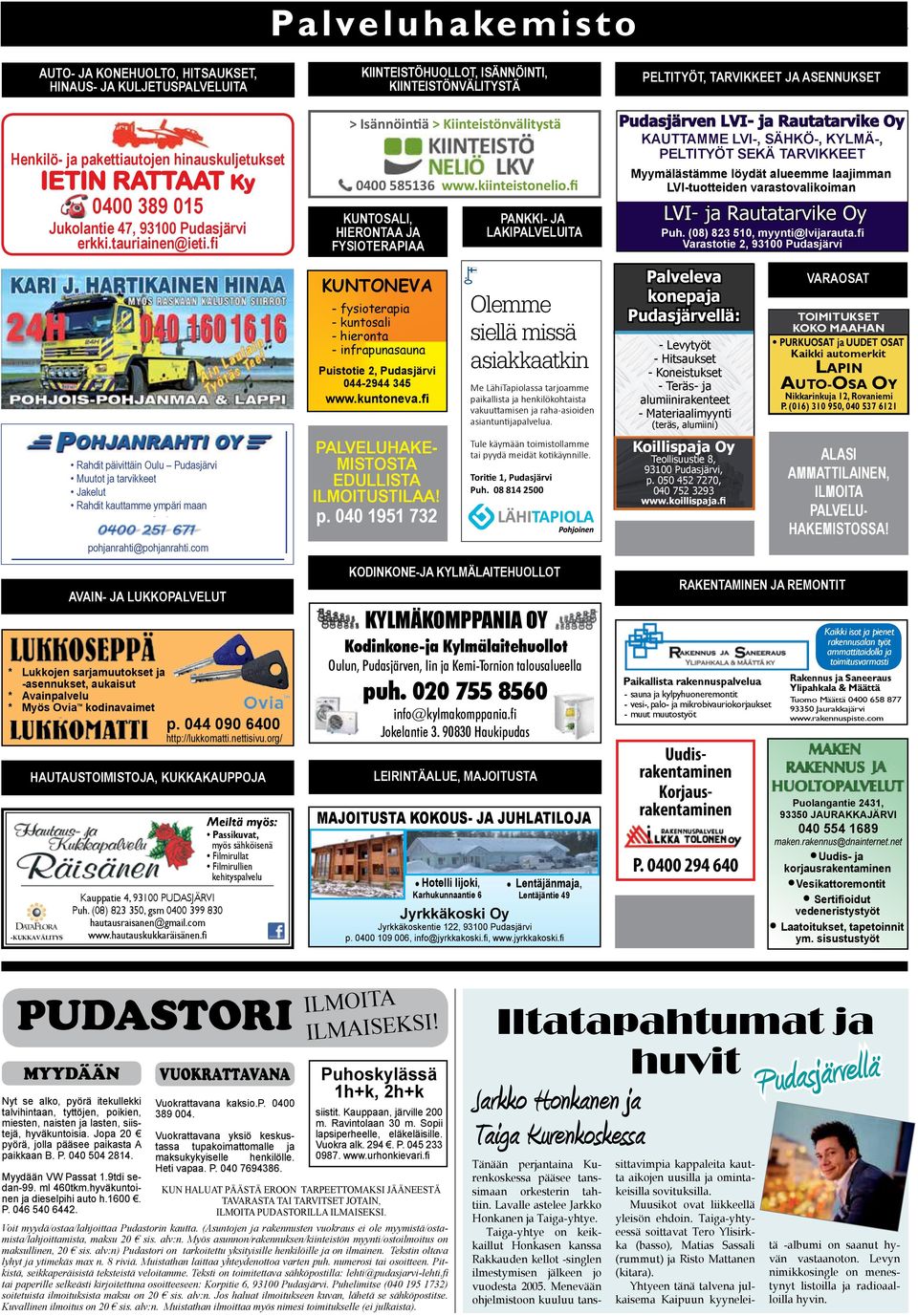 2016 Palveluhakemisto AUTO- JA KONEHUOLTO, HITSAUKSET, HINAUS- JA KULJETUSPALVELUITA Henkilö- ja pakettiautojen hinauskuljetukset IETIN RATTAAT Ky 0400 389 015 Jukolantie 47, 93100 Pudasjärvi erkki.