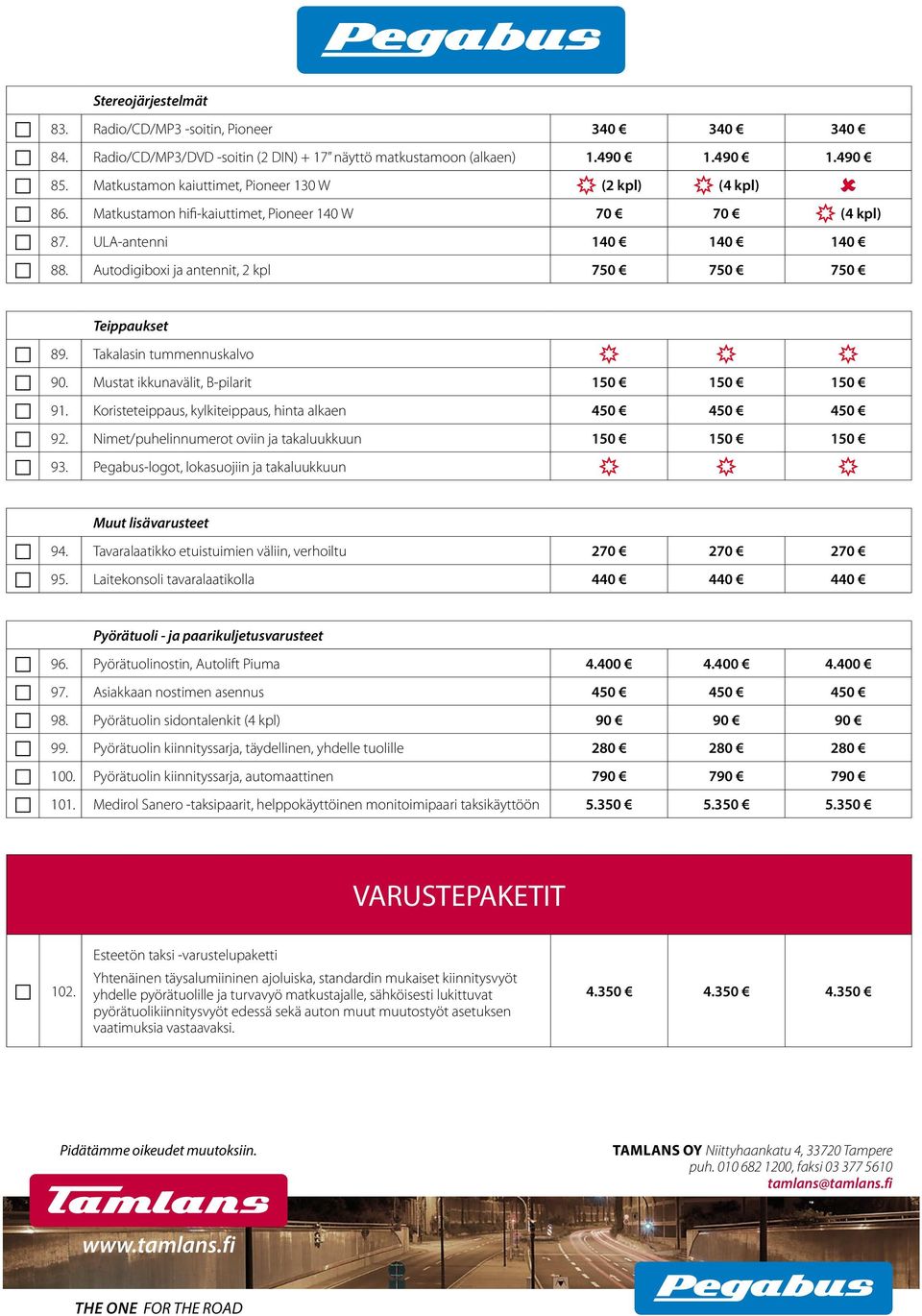 Autodigiboxi ja antennit, 2 kpl 750 750 750 Teippaukset 89. Takalasin tummennuskalvo 90. Mustat ikkunavälit, B-pilarit 150 150 150 91. Koristeteippaus, kylkiteippaus, hinta alkaen 450 450 450 92.