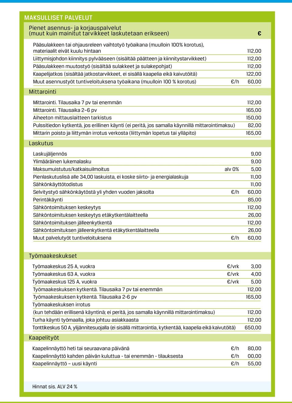 (sisältää jatkostarvikkeet, ei sisällä kaapelia eikä kaivutöitä) 122,00 Muut asennustyöt tuntiveloituksena työaikana (muulloin 100 % korotus) /h 60,00 Mittarointi Mittarointi.