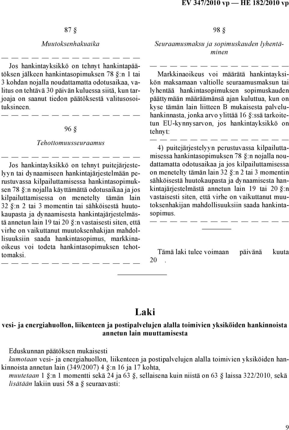 96 Tehottomuusseuraamus Jos hankintayksikkö on tehnyt puitejärjestelyyn tai dynaamiseen hankintajärjestelmään perustuvassa kilpailuttamisessa hankintasopimuksen 78 :n nojalla käyttämättä odotusaikaa