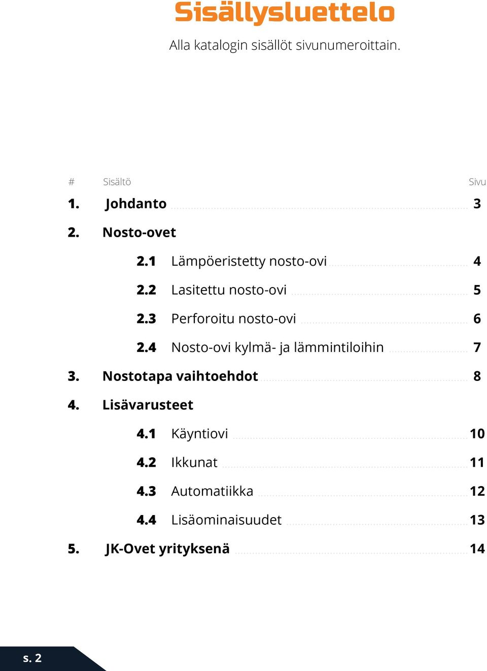 4 Nosto-ovi kylmä- ja lämmintiloihin 3. Nostotapa vaihtoehdot 4 5 6 7 8 4. Lisävarusteet 4.