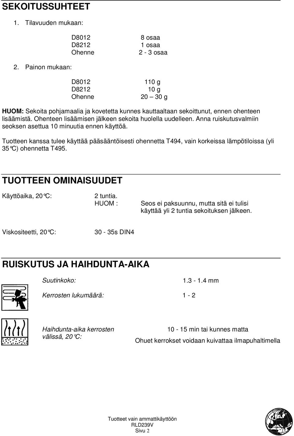 Anna ruiskutusvalmiin seoksen asettua 10 minuutia ennen käyttöä. Tuotteen kanssa tulee käyttää pääsääntöisesti ohennetta T494, vain korkeissa lämpötiloissa (yli 35 C) ohennetta T495.