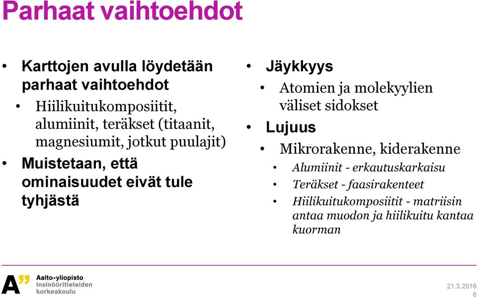 Jäykkyys Atomien ja molekyylien väliset sidokset Lujuus Mikrorakenne, kiderakenne Alumiinit -