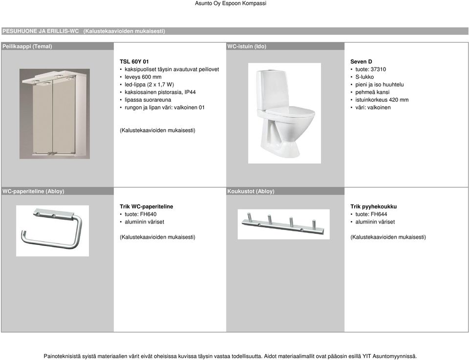 suorareuna istuinkorkeus 420 mm rungon ja lipan väri: valkoinen 01 väri: valkoinen (Kalustekaavioiden mukaisesti) WC-paperiteline (Abloy) Koukustot