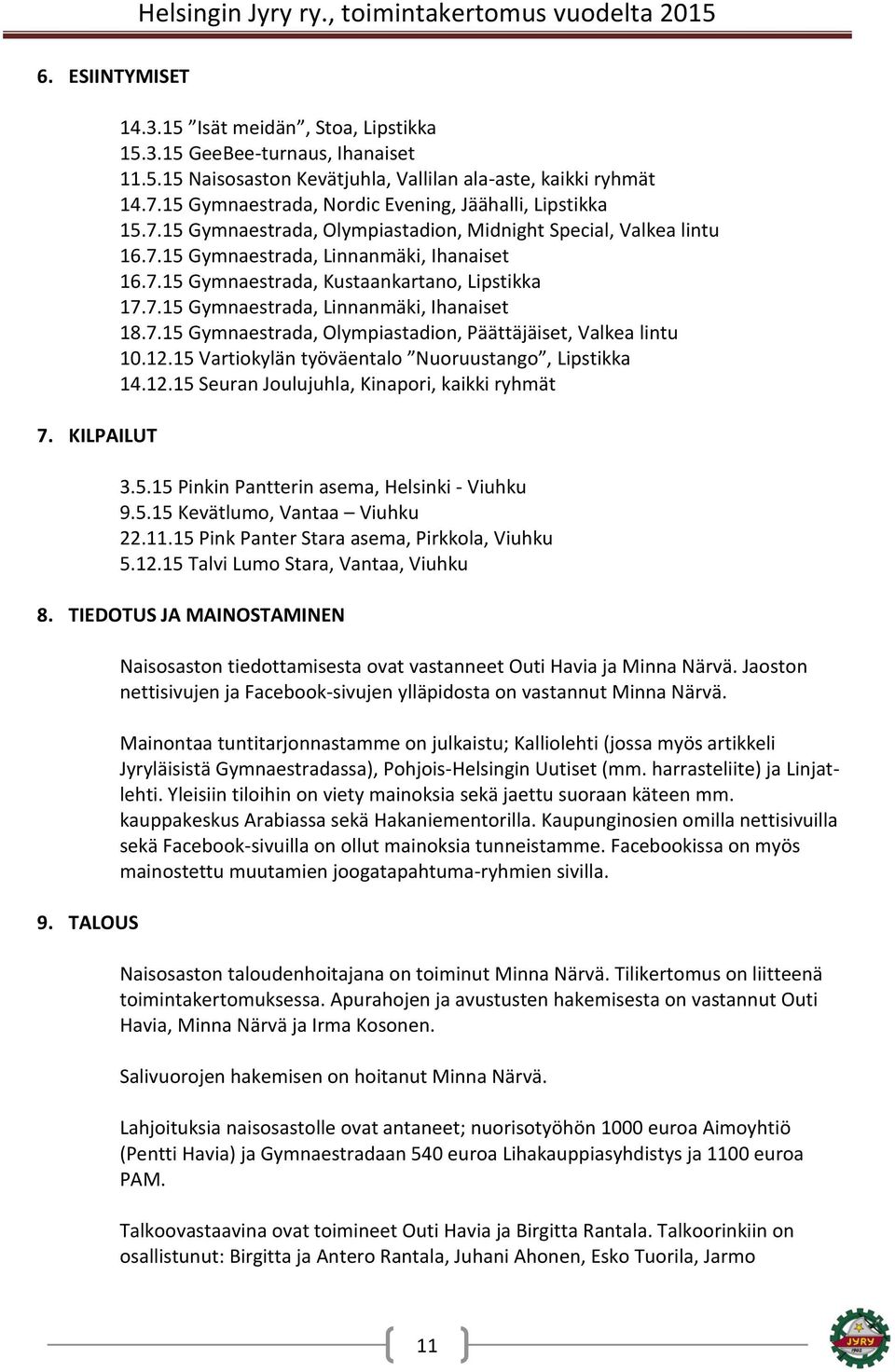7.15 Gymnaestrada, Olympiastadion, Päättäjäiset, Valkea lintu 10.12.15 Vartiokylän työväentalo Nuoruustango, Lipstikka 14.12.15 Seuran Joulujuhla, Kinapori, kaikki ryhmät 3.5.15 Pinkin Pantterin asema, Helsinki - Viuhku 9.
