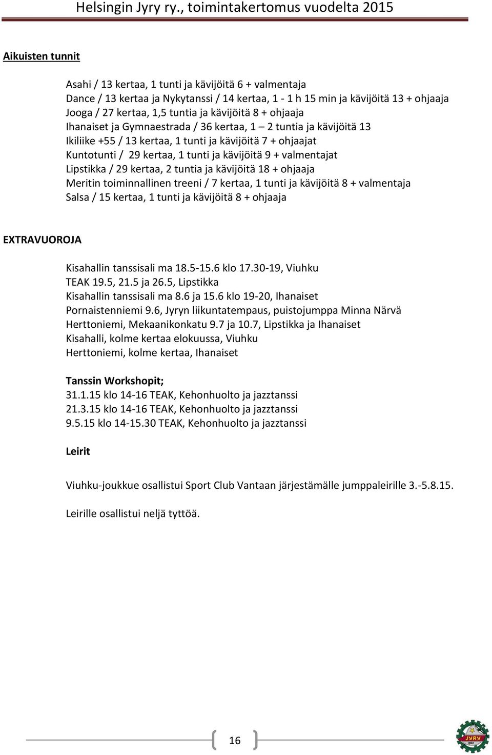 Lipstikka / 29 kertaa, 2 tuntia ja kävijöitä 18 + ohjaaja Meritin toiminnallinen treeni / 7 kertaa, 1 tunti ja kävijöitä 8 + valmentaja Salsa / 15 kertaa, 1 tunti ja kävijöitä 8 + ohjaaja