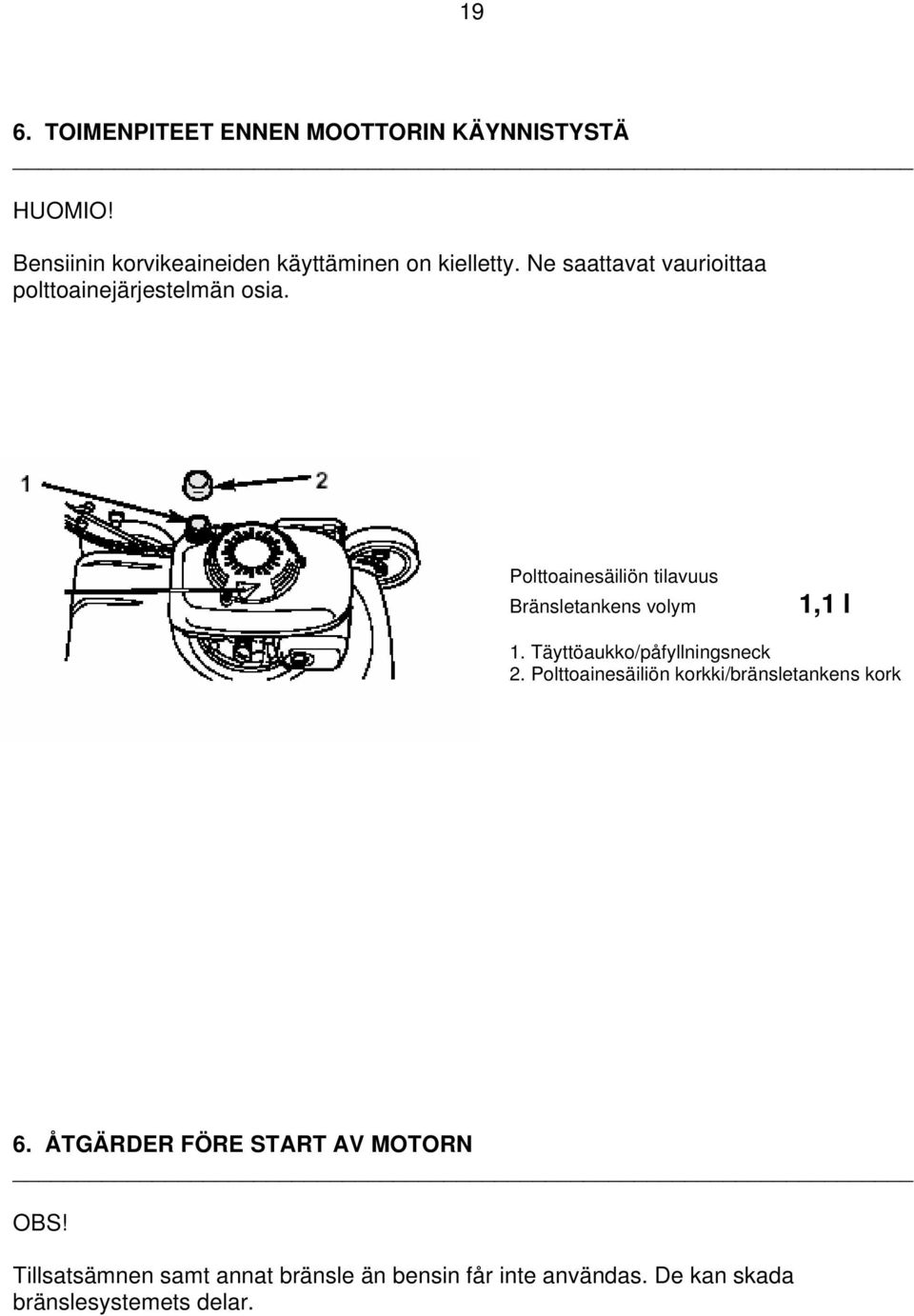 Polttoainesäiliön tilavuus Bränsletankens volym 1,1 l 1. Täyttöaukko/påfyllningsneck 2.