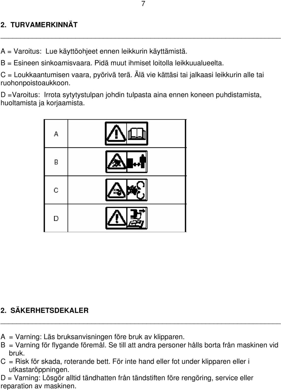 D =Varoitus: Irrota sytytystulpan johdin tulpasta aina ennen koneen puhdistamista, huoltamista ja korjaamista. 2. SÄKERHETSDEKALER A = Varning: Läs bruksanvisningen före bruk av klipparen.