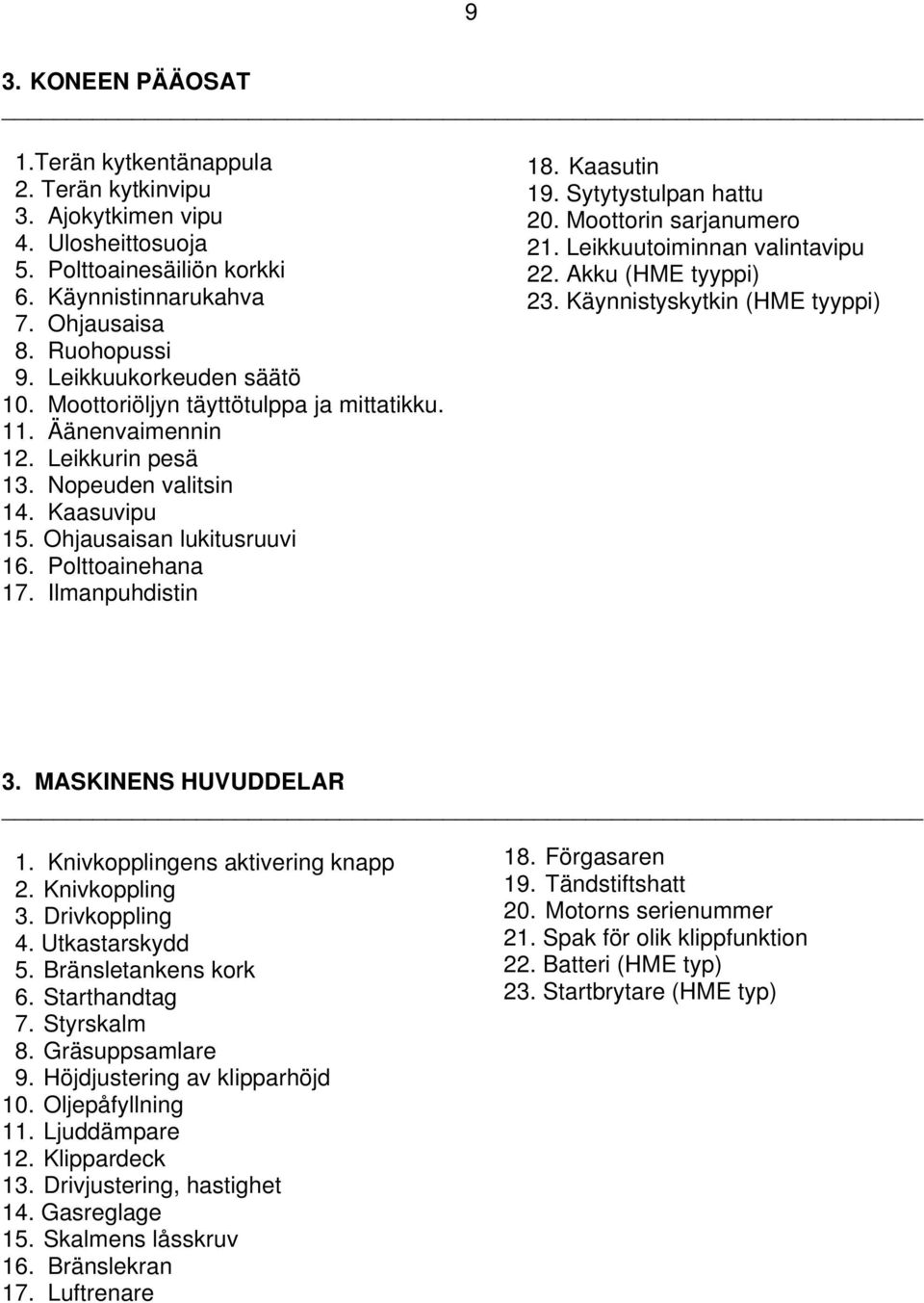Ilmanpuhdistin 18. Kaasutin 19. Sytytystulpan hattu 20. Moottorin sarjanumero 21. Leikkuutoiminnan valintavipu 22. Akku (HME tyyppi) 23. Käynnistyskytkin (HME tyyppi) 3. MASKINENS HUVUDDELAR 1.