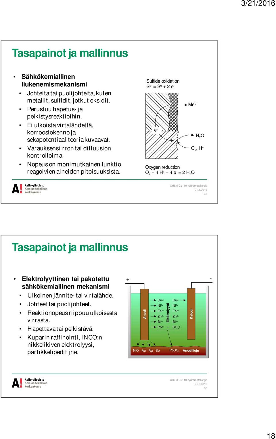 Nopeus on monimutkainen funktio reagoivien aineiden pitoisuuksista. 35 Elektrolyyttinen tai pakotettu sähkökemiallinen mekanismi Ulkoinen jännite- tai virtalähde. Johteet tai puolijohteet.