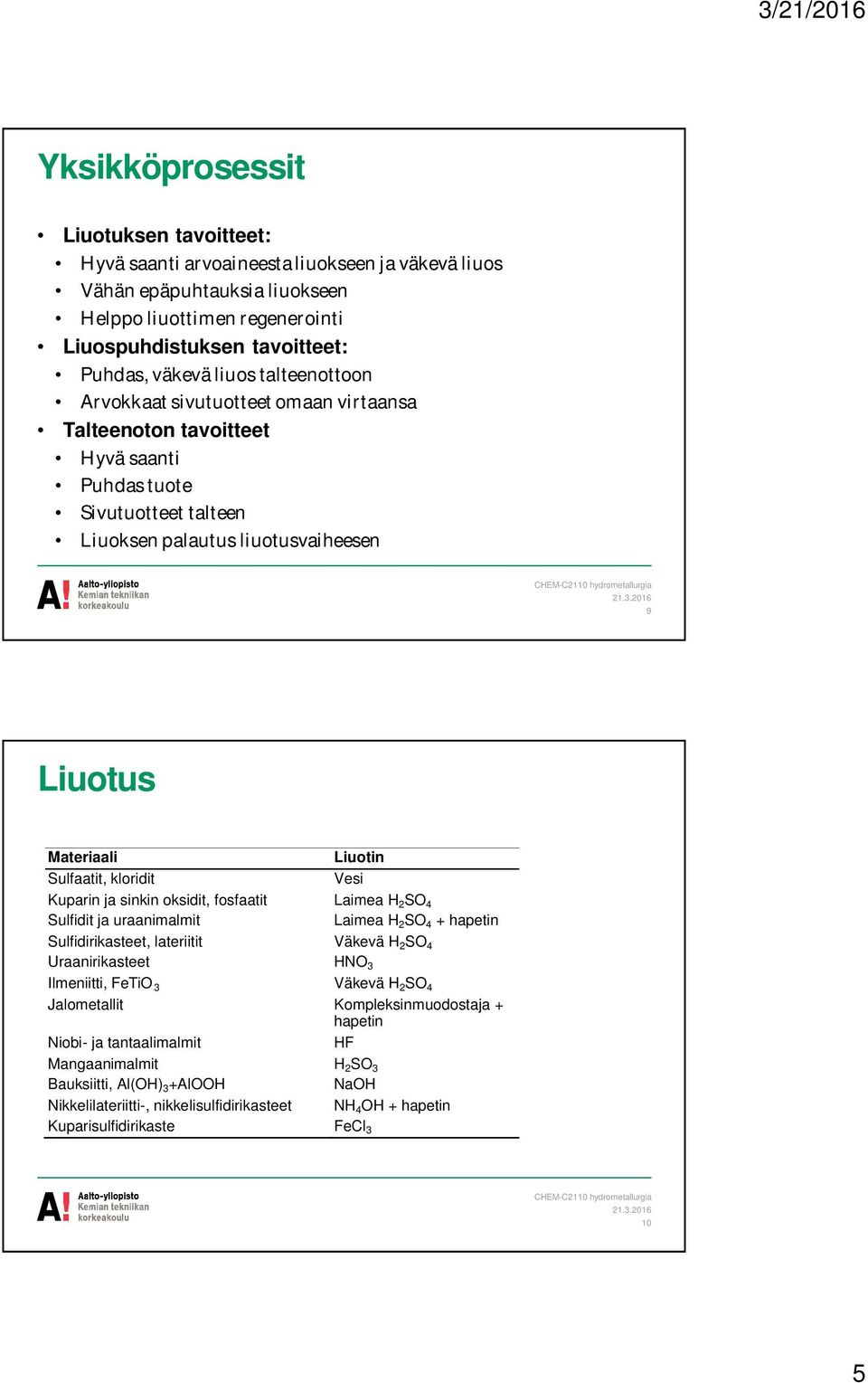 kloridit Liuotin Vesi Kuparin ja sinkin oksidit, fosfaatit Laimea H 2 SO 4 Sulfidit ja uraanimalmit Laimea H 2 SO 4 + hapetin Sulfidirikasteet, lateriitit Väkevä H 2 SO 4 Uraanirikasteet HNO 3