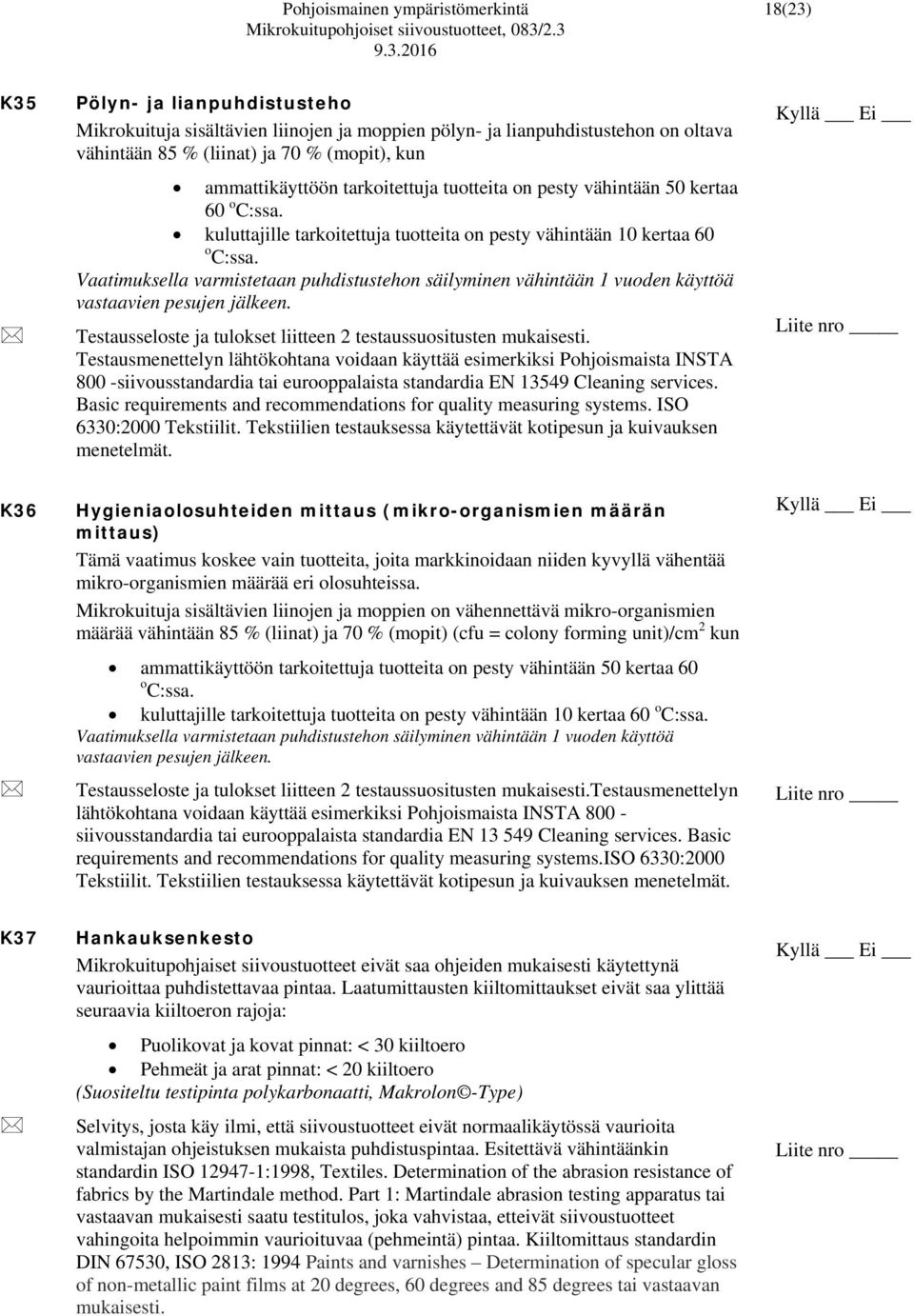 2.3 9.3.2016 K35 Pölyn- ja lianpuhdistusteho Mikrokuituja sisältävien liinojen ja moppien pölyn- ja lianpuhdistustehon on oltava vähintään 85 % (liinat) ja 70 % (mopit), kun ammattikäyttöön