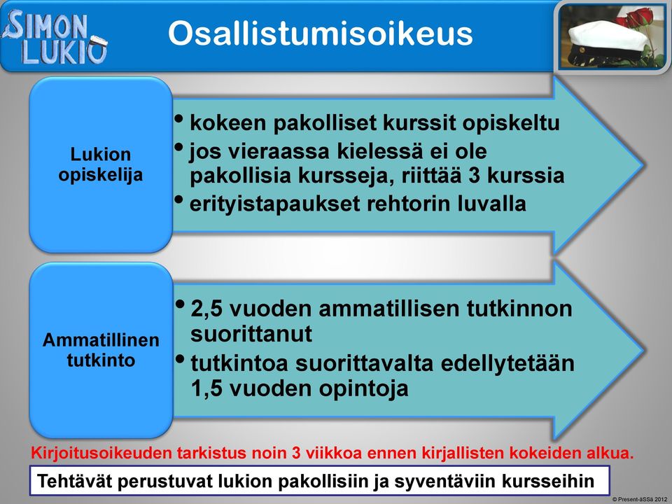 ammatillisen tutkinnon suorittanut tutkintoa suorittavalta edellytetään 1,5 vuoden opintoja Kirjoitusoikeuden