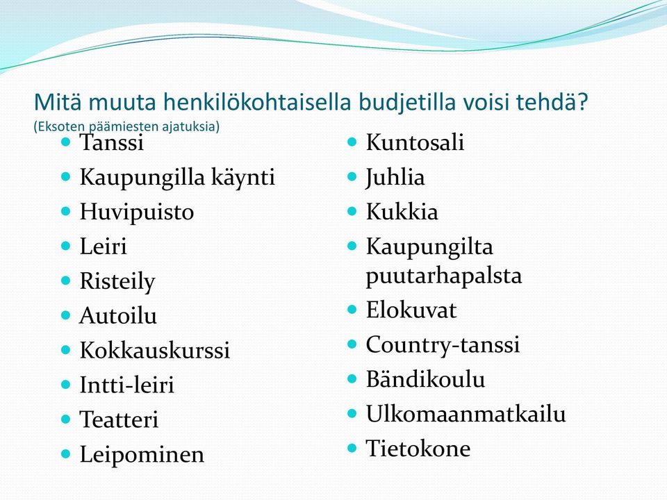 Huvipuisto Leiri Risteily Autoilu Kokkauskurssi Intti-leiri Teatteri