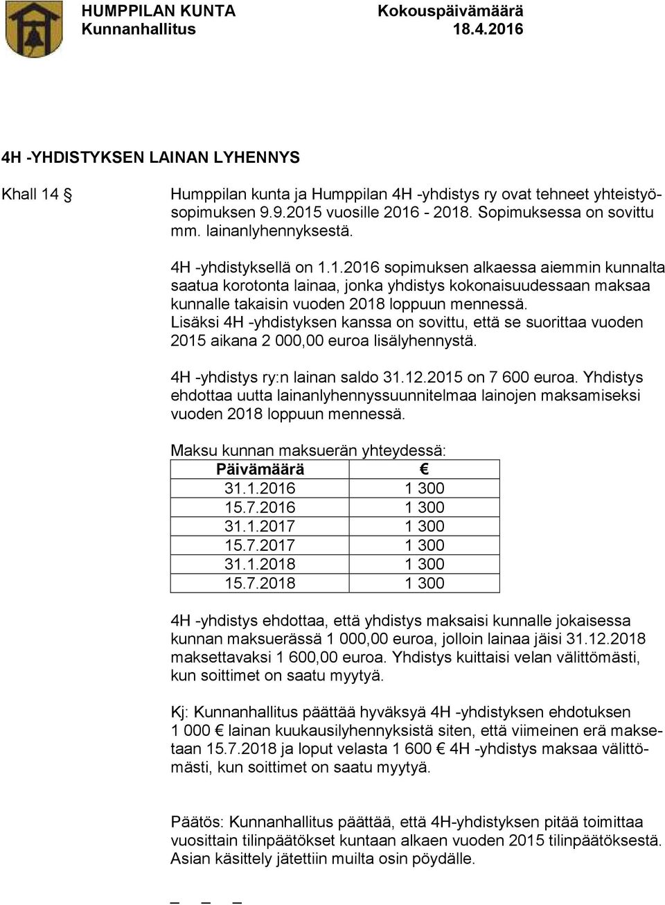 Lisäksi 4H -yhdistyksen kanssa on sovittu, että se suorittaa vuoden 2015 aikana 2 000,00 euroa lisälyhennystä. 4H -yhdistys ry:n lainan saldo 31.12.2015 on 7 600 euroa.