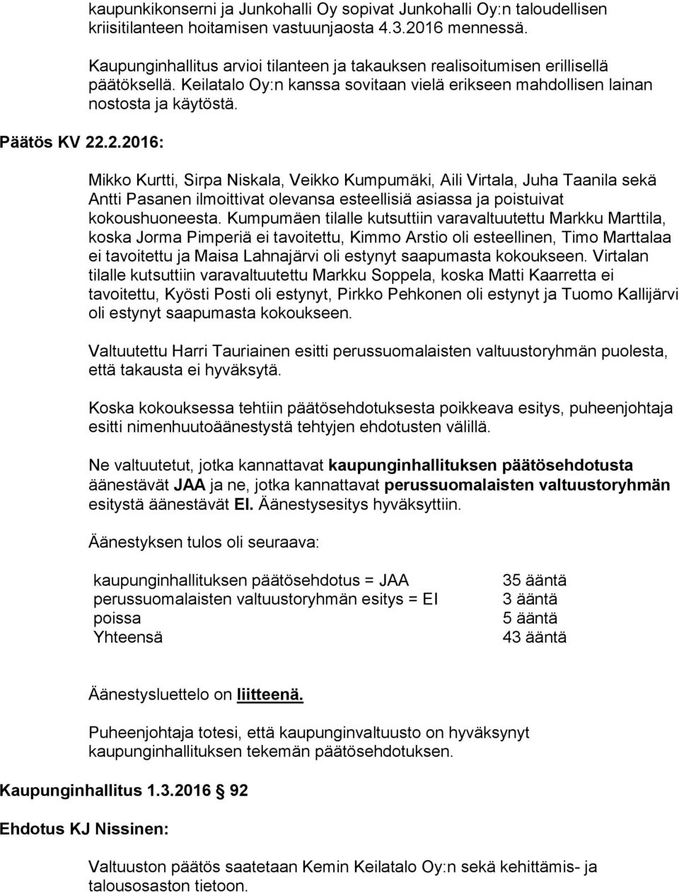 Mikko Kurtti, Sirpa Niskala, Veikko Kumpumäki, Aili Virtala, Juha Taanila sekä Antti Pasanen ilmoittivat olevansa esteellisiä asiassa ja poistuivat kokoushuoneesta.