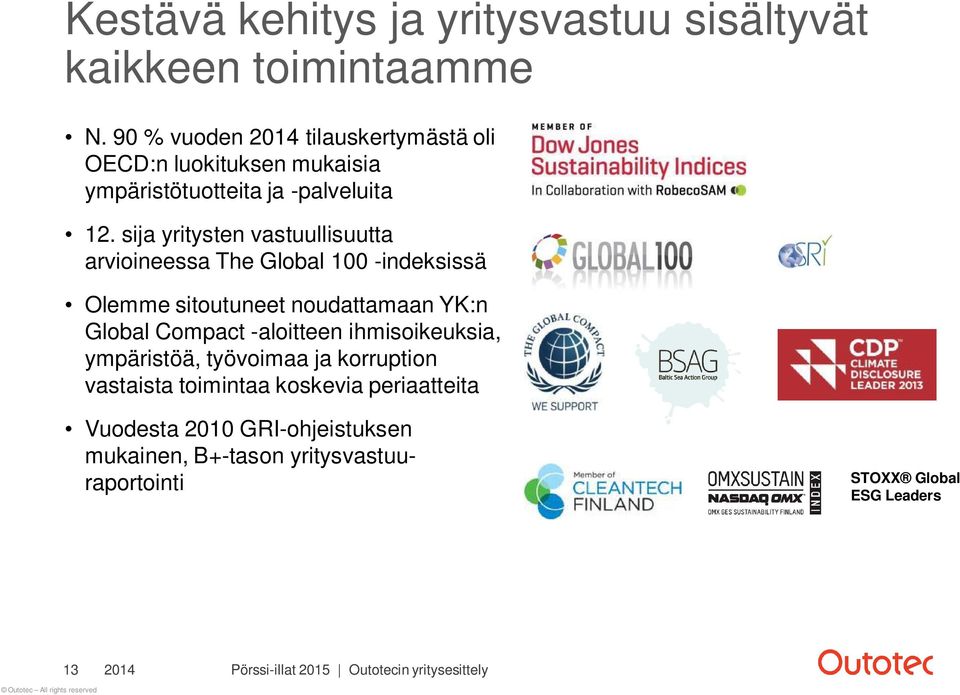 sija yritysten vastuullisuutta arvioineessa The Global 100 -indeksissä Olemme sitoutuneet noudattamaan YK:n Global Compact