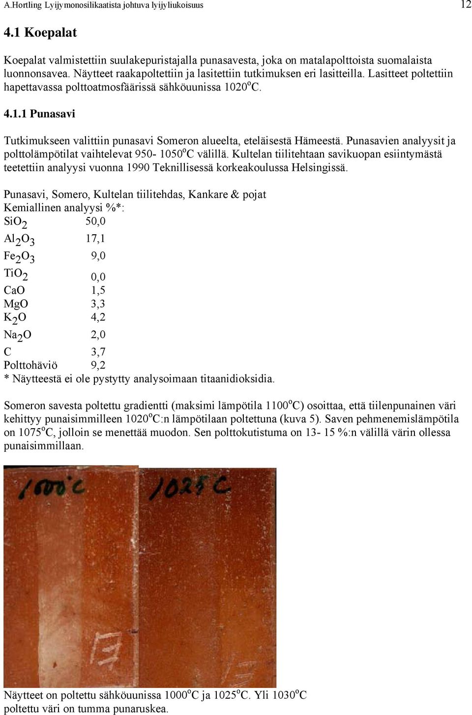 20 o C. 4.1.1 Punasavi Tutkimukseen valittiin punasavi Someron alueelta, eteläisestä Hämeestä. Punasavien analyysit ja polttolämpötilat vaihtelevat 950-1050 o C välillä.