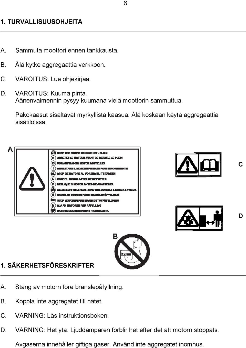 Älä koskaan käytä aggregaattia sisätiloissa. C D 1. SÄKERHETSFÖRESKRIFTER A. Stäng av motorn före bränslepåfyllning. B.