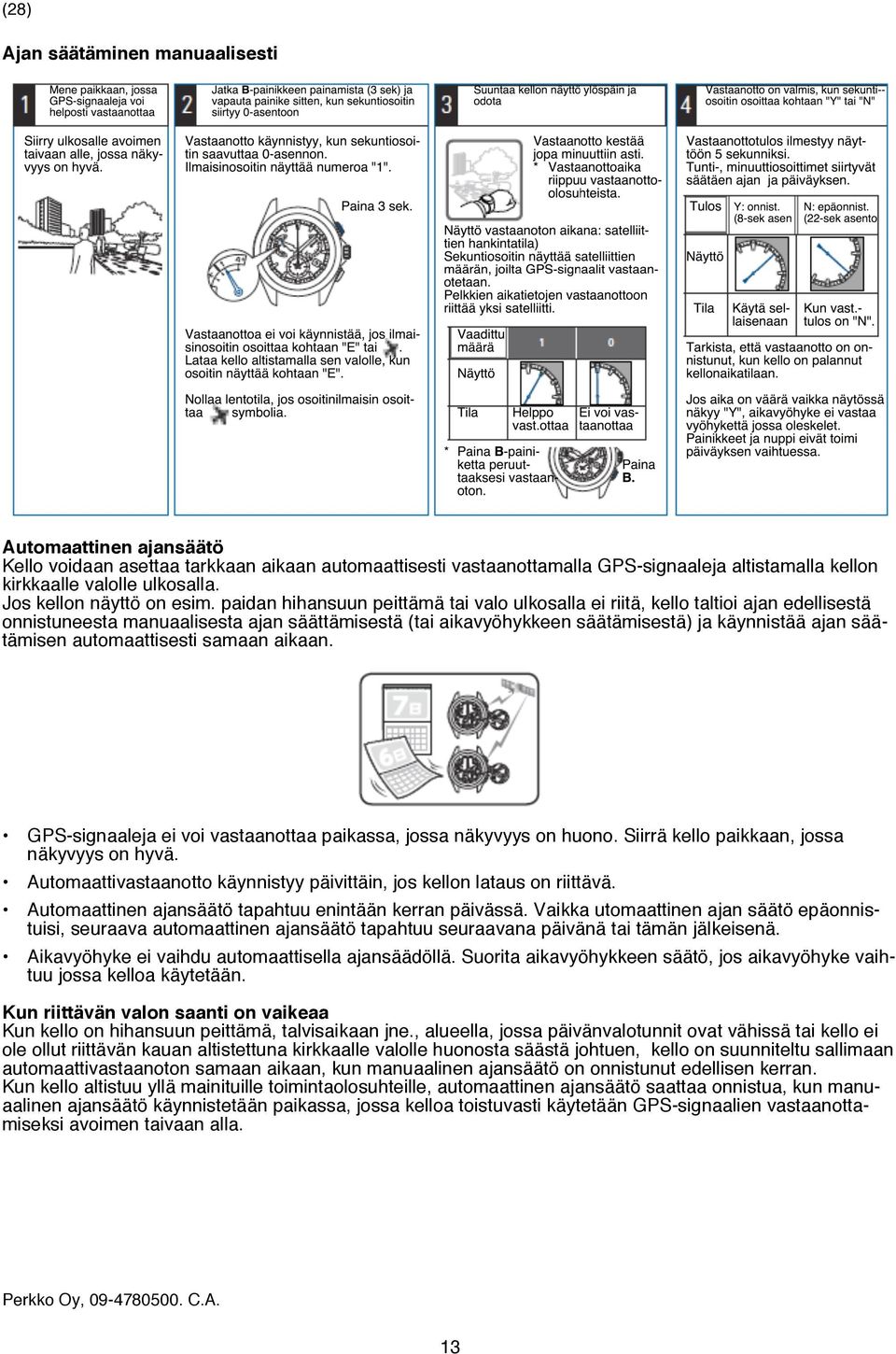 paidan hihansuun peittämä tai valo ulkosalla ei riitä, kello taltioi ajan edellisestä onnistuneesta manuaalisesta ajan säättämisestä (tai aikavyöhykkeen säätämisestä) ja käynnistää ajan säätämisen