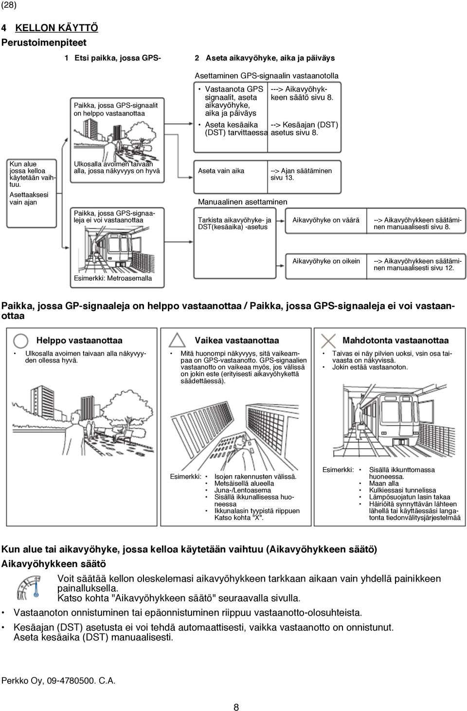 Kun alue Ulkosalla avoimen taivaan jossa kelloa alla, jossa näkyvyys on hyvä Aseta vain aika --> Ajan säätäminen käytetään vaih- sivu 13. tuu.