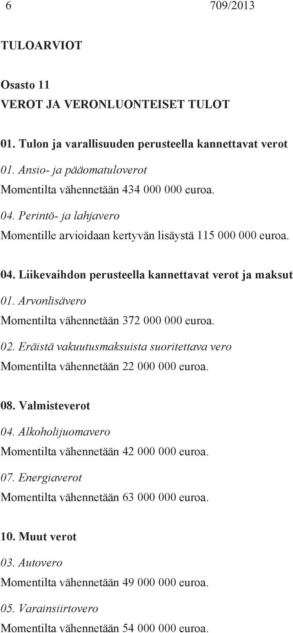 Arvonlisävero Momentilta vähennetään 372 000 000 euroa. 02. Eräistä vakuutusmaksuista suoritettava vero Momentilta vähennetään 22 000 000 euroa. 08. Valmisteverot 04.