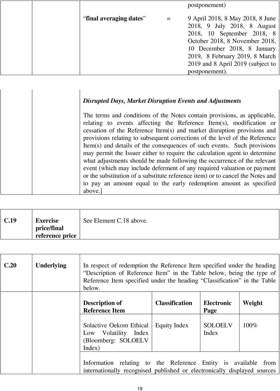 Disrupted Days, Market Disruption Events and Adjustments The terms and conditions of the Notes contain provisions, as applicable, relating to events affecting the Reference Item(s), modification or