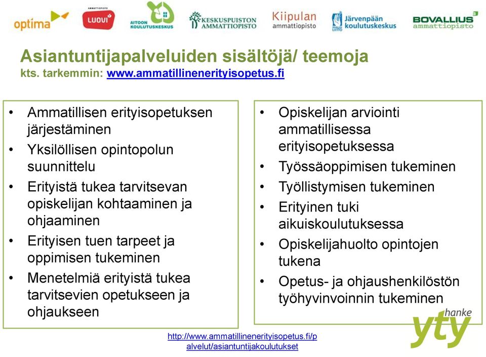 tuen tarpeet ja oppimisen tukeminen Menetelmiä erityistä tukea tarvitsevien opetukseen ja ohjaukseen Opiskelijan arviointi ammatillisessa erityisopetuksessa