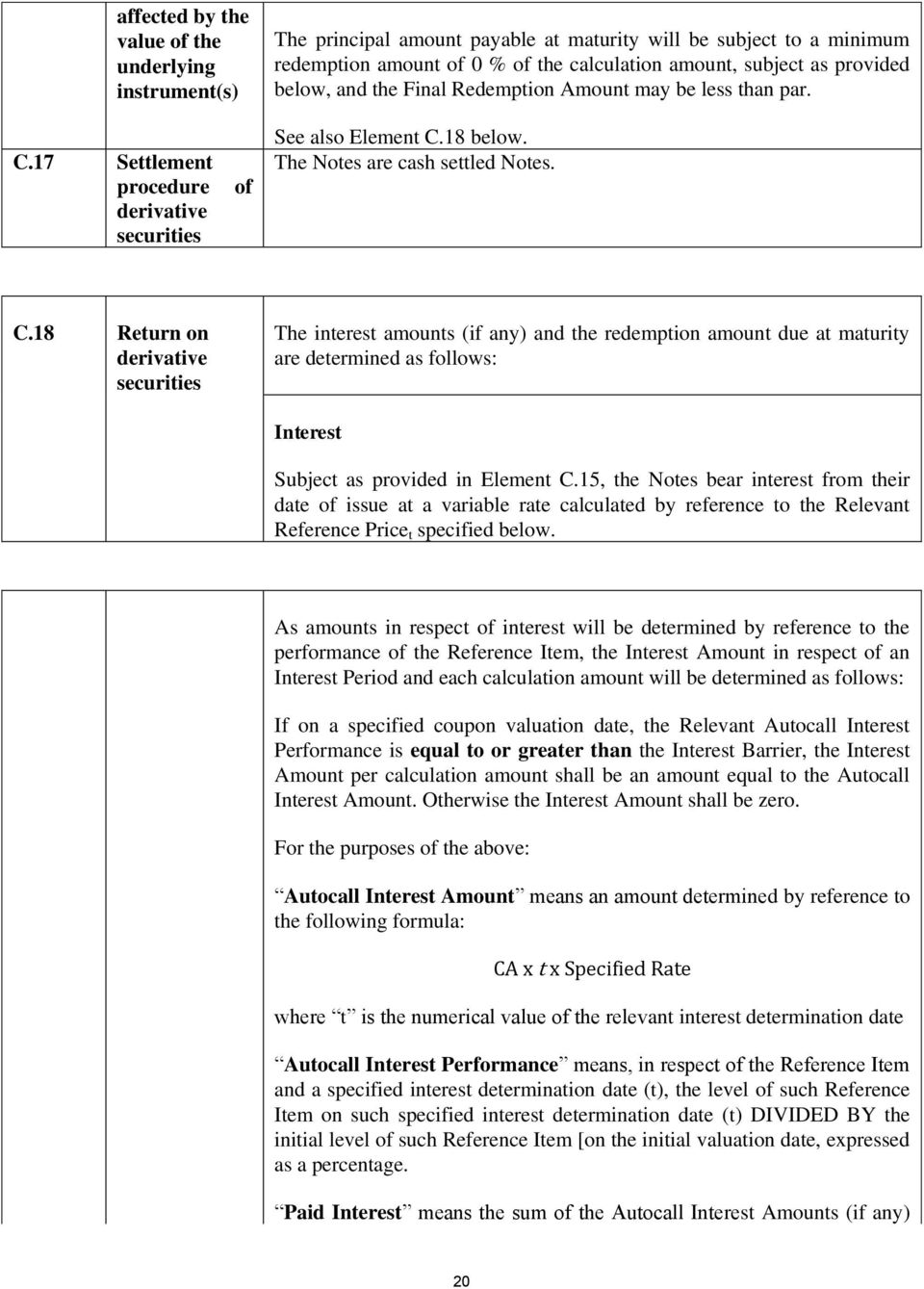 17 Settlement procedure derivative securities of See also Element C.