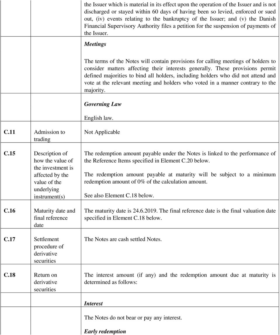 Meetings The terms of the Notes will contain provisions for calling meetings of holders to consider matters affecting their interests generally.