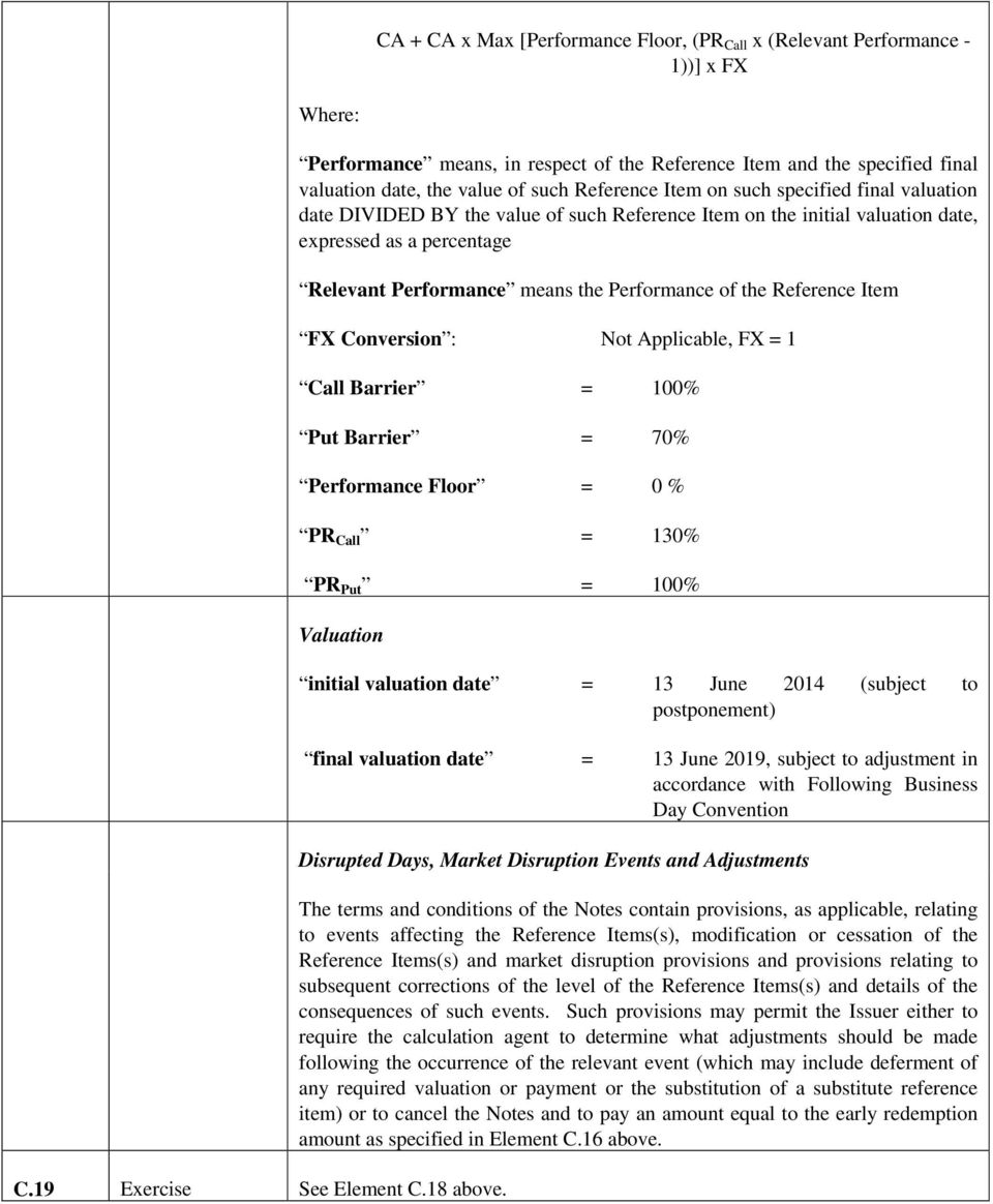 of the Reference Item FX Conversion : Not Applicable, FX = 1 Call Barrier = 100% Put Barrier = 70% Performance Floor = 0 % PR Call = 130% PR Put = 100% Valuation C.19 Exercise See Element C.18 above.