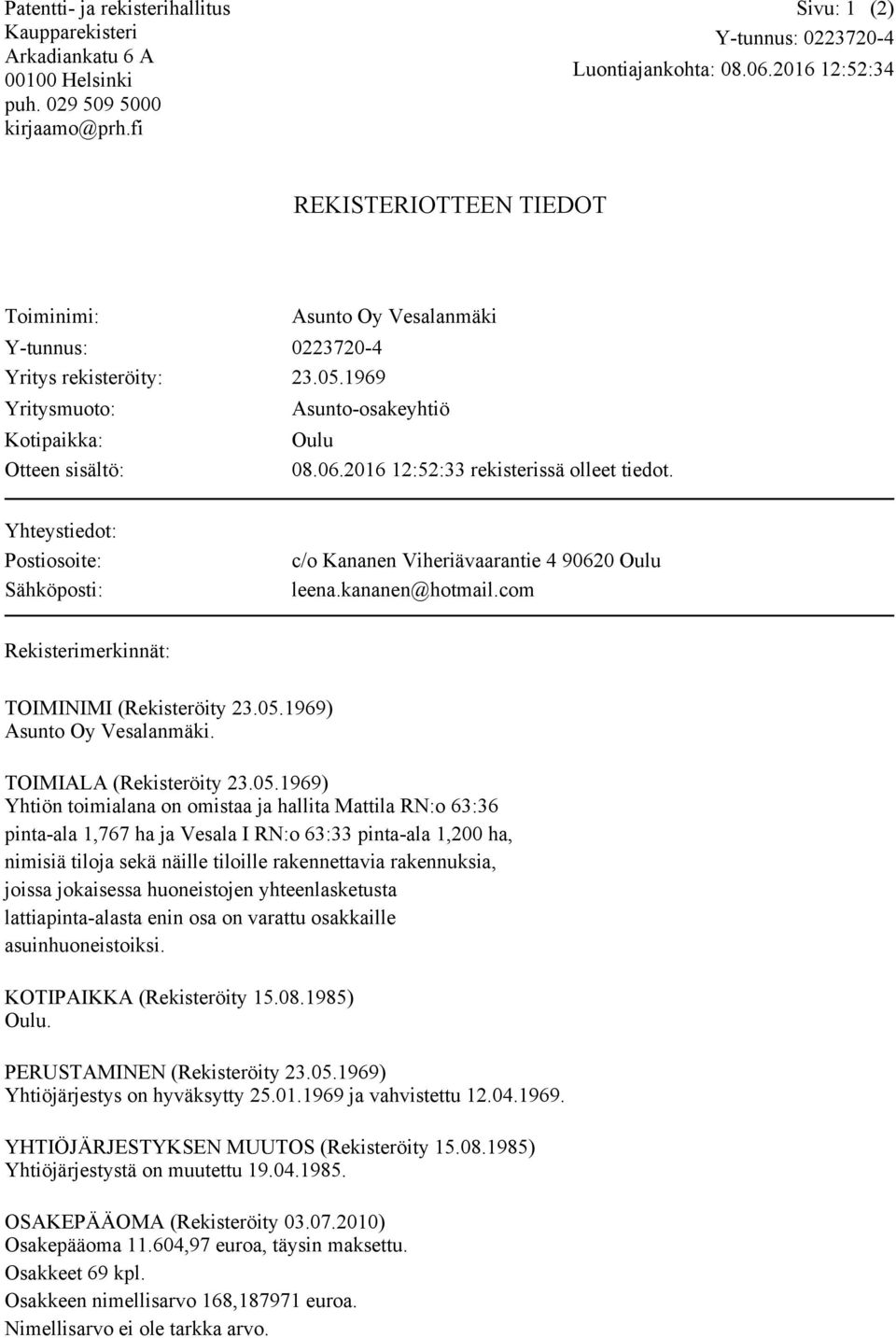 2016 12:52:33 rekisterissä olleet tiedot. Yhteystiedot: Postiosoite: Sähköposti: c/o Kananen Viheriävaarantie 4 90620 Oulu leena.kananen@hotmail.com Rekisterimerkinnät: TOIMINIMI (Rekisteröity 23.05.