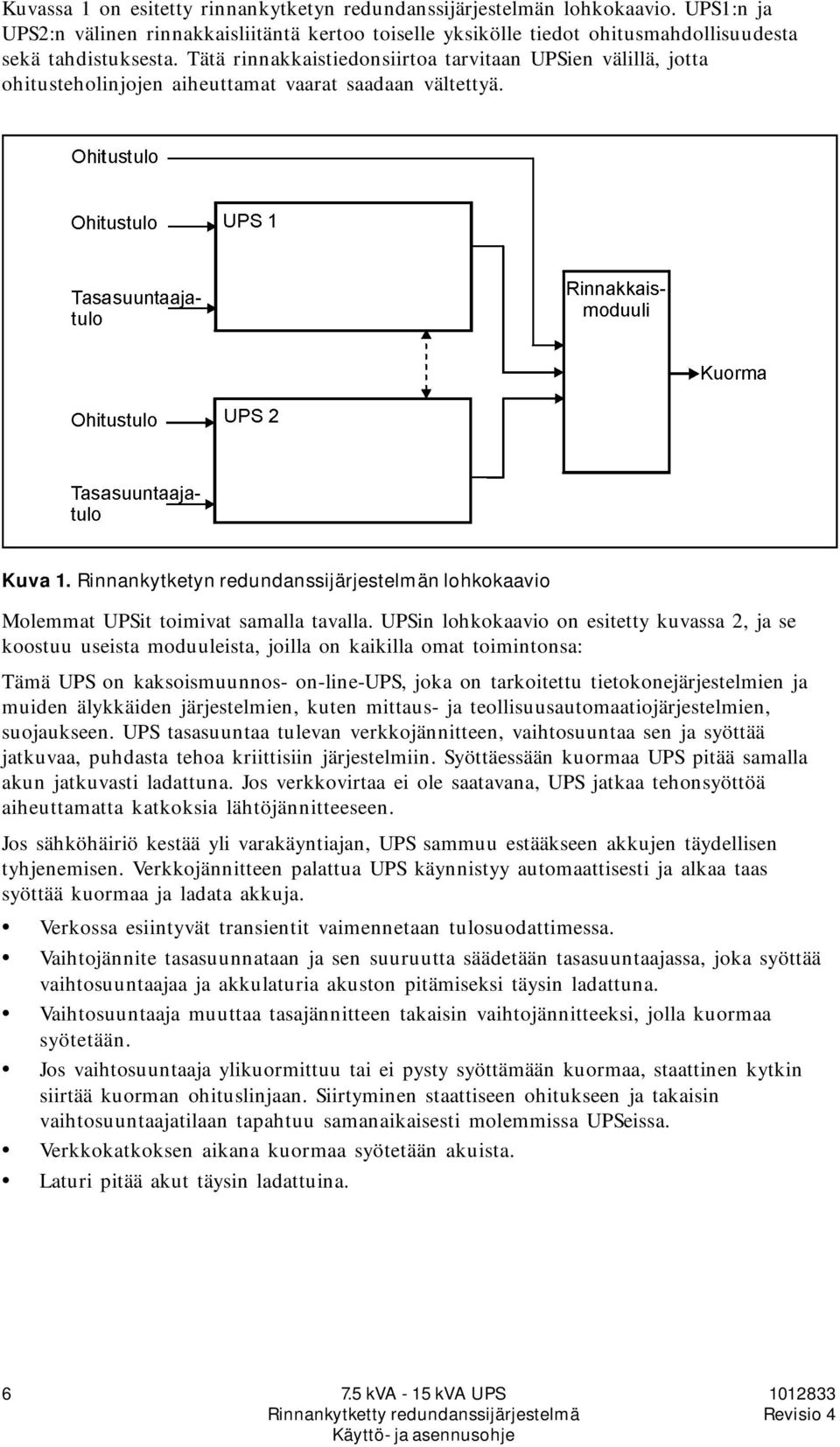 Rinnankytketyn redundanssijärjestelmän lohkokaavio Moleat UPSit toimivat samalla tavalla.