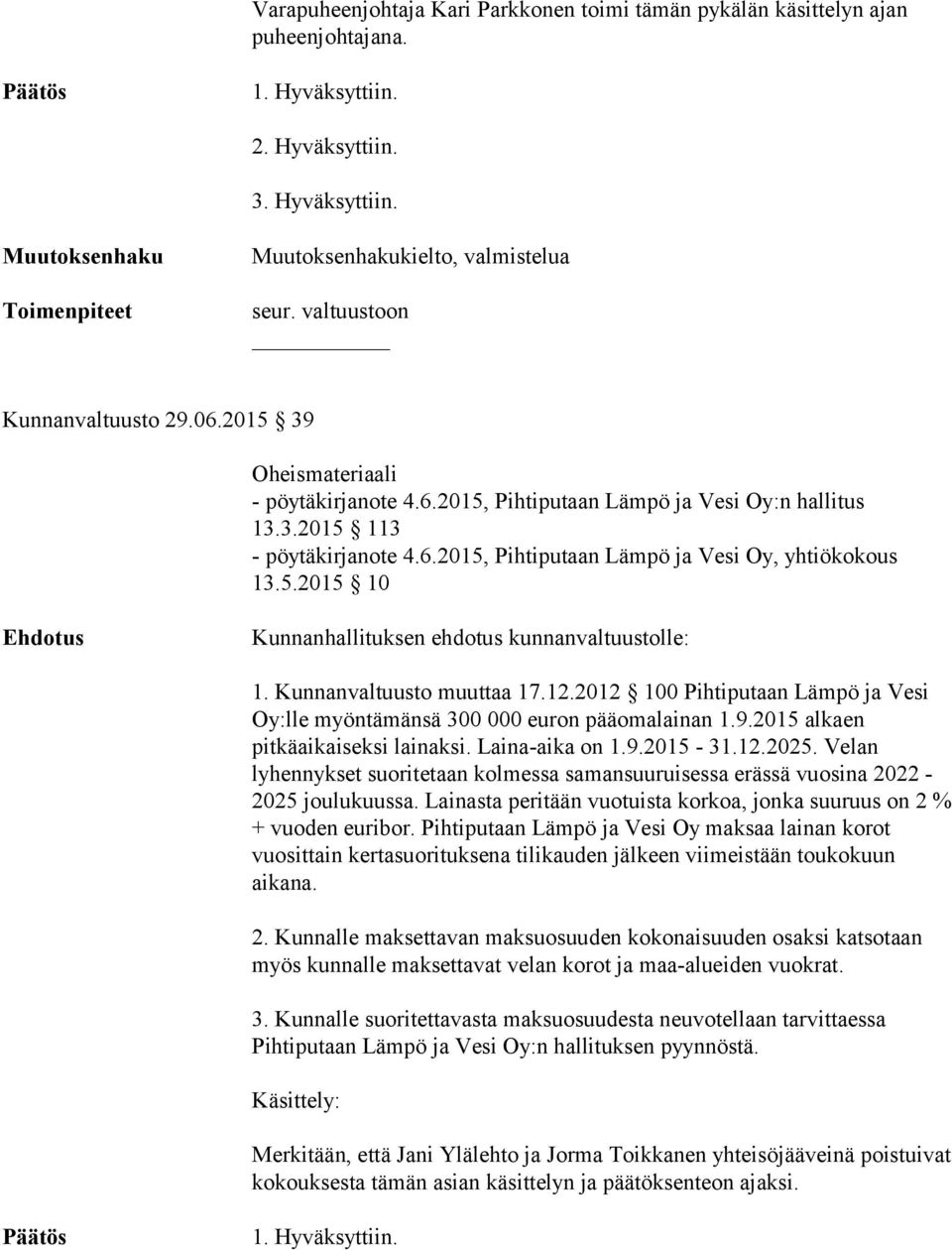 5.2015 10 Kunnanhallituksen ehdotus kunnanvaltuustolle: 1. Kunnanvaltuusto muuttaa 17.12.2012 100 Pihtiputaan Lämpö ja Vesi Oy:lle myöntämänsä 300 000 euron pääomalainan 1.9.