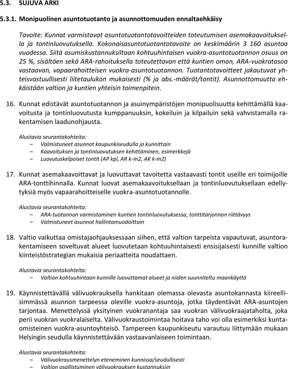 Siitä asumiskustannuksiltaan kohtuuhintaisen vuokra-asuntotuotannon osuus on 25 %, sisältäen sekä ARA-rahoituksella toteutettavan että kuntien oman, ARA-vuokratasoa vastaavan, vapaarahoitteisen