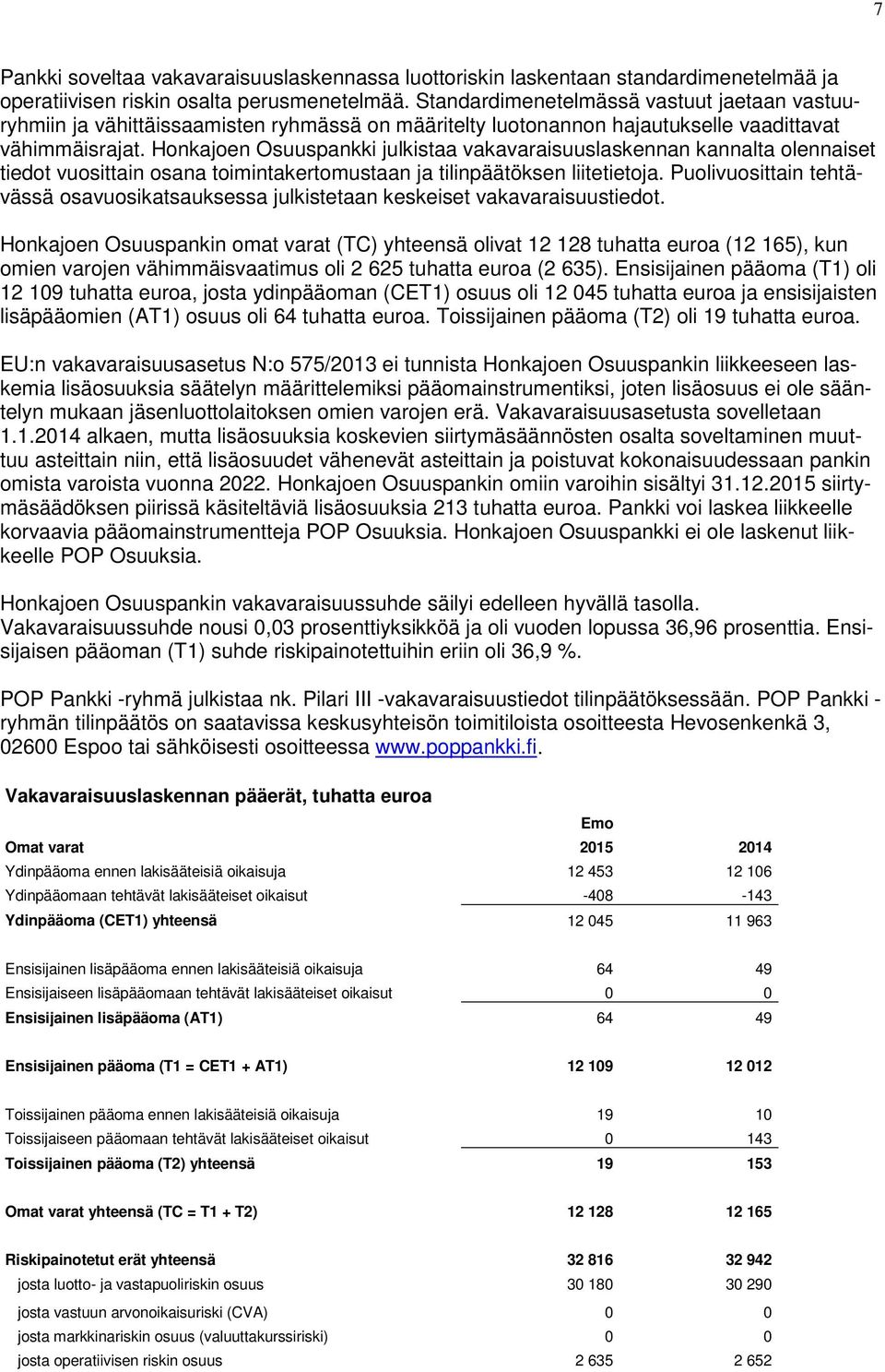Honkajoen Osuuspankki julkistaa vakavaraisuuslaskennan kannalta olennaiset tiedot vuosittain osana toimintakertomustaan ja tilinpäätöksen liitetietoja.