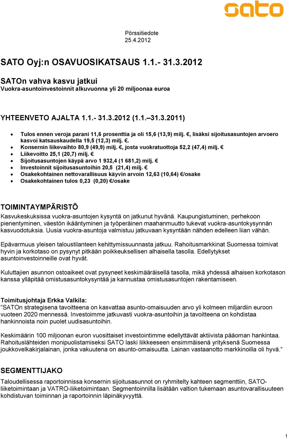 Sijoitusasuntojen käypä arvo 1 932,4 (1 681,2) milj. Investoinnit sijoitusasuntoihin 20,5 (21,4) milj.