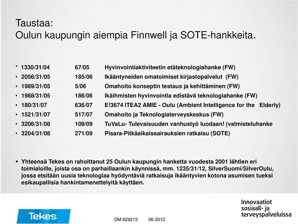 1988/31/05 186/06 Ikäihmisten hyvinvointia edistävä teknologiahanke (FW) 180/31/07 636/07 E!