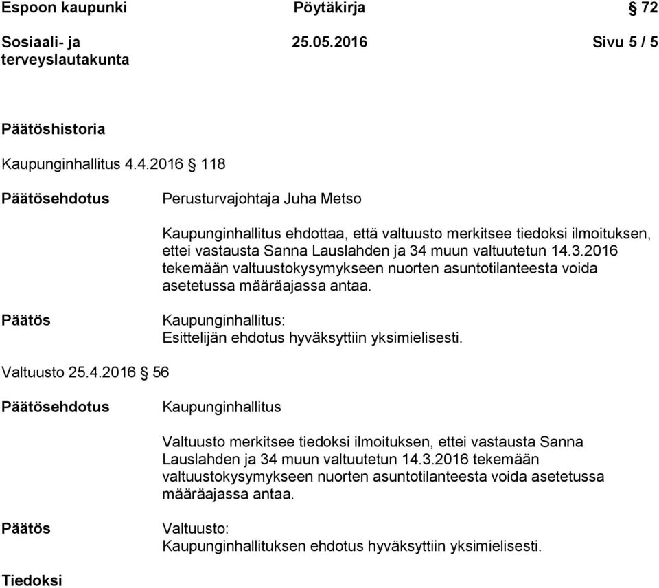 muun valtuutetun 14.3.2016 tekemään valtuustokysymykseen nuorten asuntotilanteesta voida asetetussa määräajassa antaa.