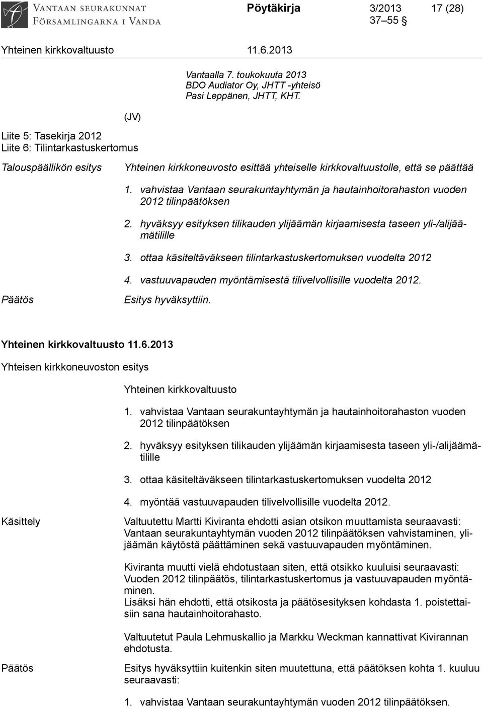 hyväksyy esityksen tilikauden ylijäämän kirjaamisesta taseen yli-/alijäämätilille 3. ottaa käsiteltäväkseen tilintarkastuskertomuksen vuodelta 2012 4.